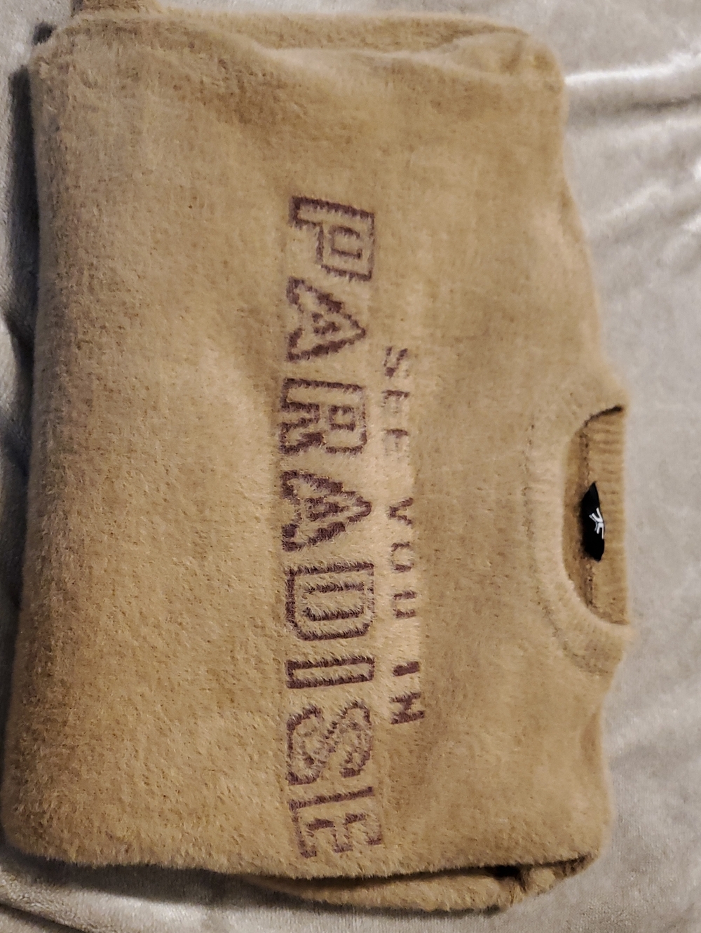 Jordan Craig Tan Fuzzy Crewneck Sweater with Brown Text